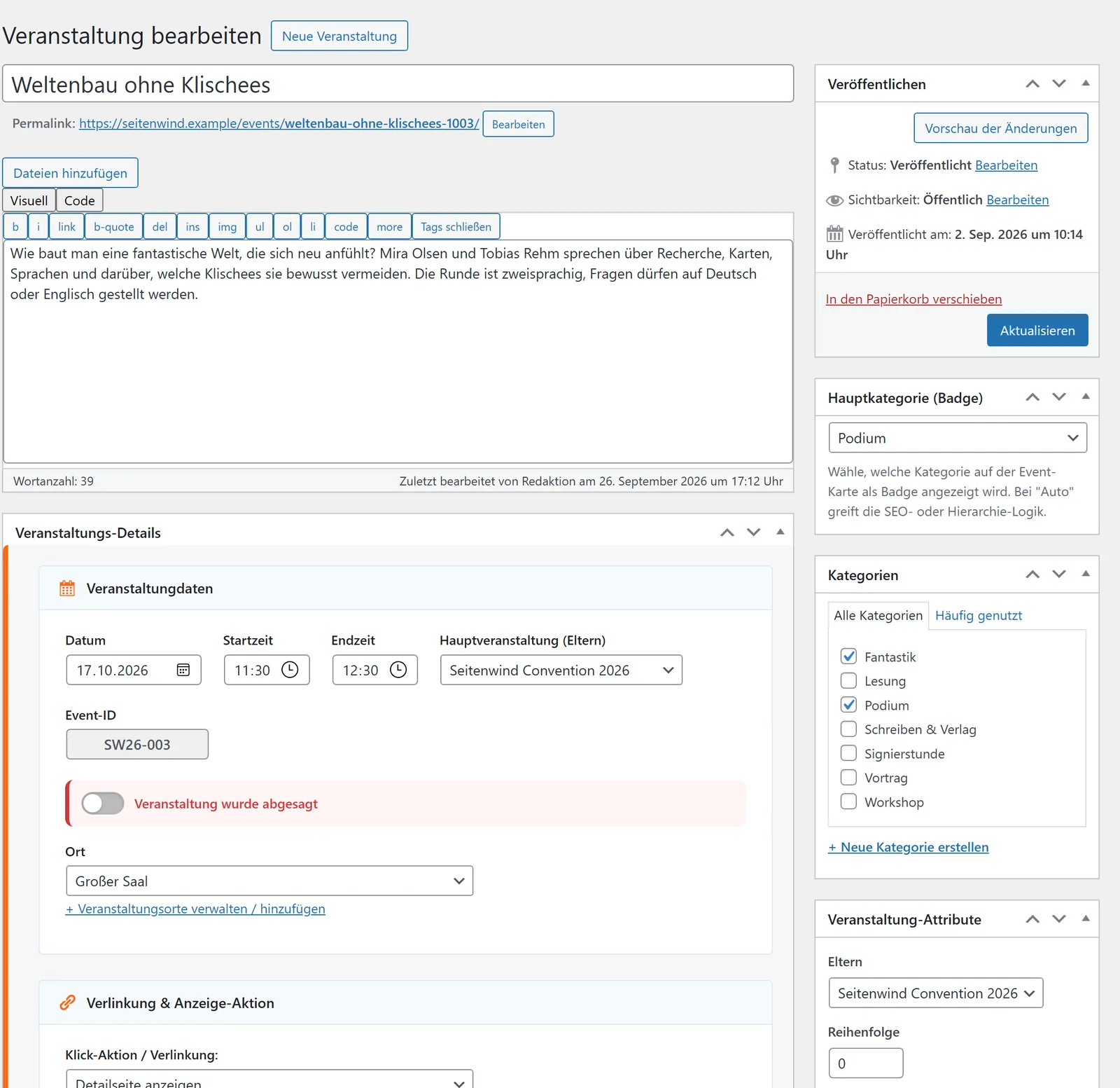 Die Bearbeitungsmaske: links Titel, Beschreibung und die Box „Veranstaltungs-Details“, rechts Veröffentlichen, Hauptkategorie, Kategorien, Attribute und Beitragsbild.