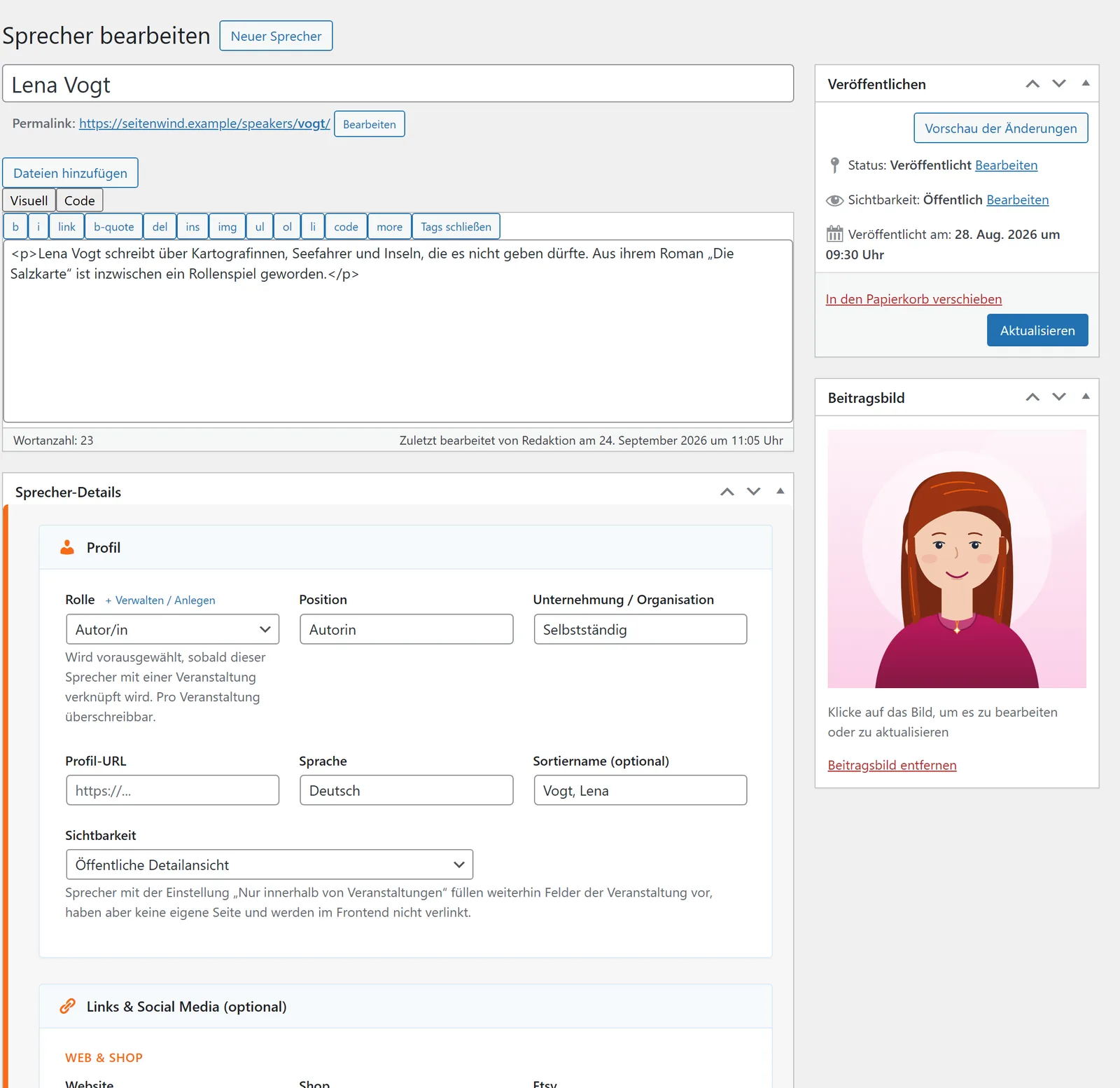 Die Bearbeitungsmaske eines Sprechers: Name, Beschreibung und die Box „Sprecher-Details“ mit Rolle, Position, Unternehmung, Profil-URL, Sprache, Sortiername und Sichtbarkeit; rechts das Portrait.