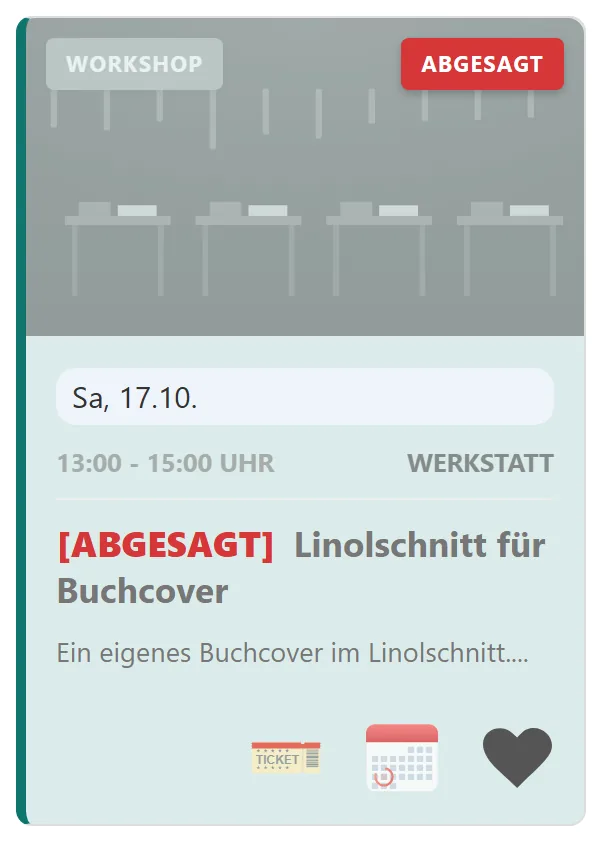 Ein abgesagter Workshop im Kalender: Kennzeichen „Abgesagt“, „[ABGESAGT]“ vor dem Titel, gedämpfte Farben.