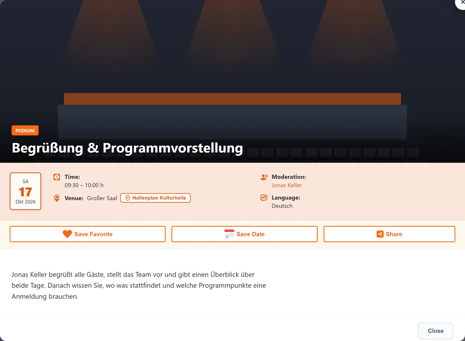 Die Detailansicht als Pop-up: Titelbild mit Kategorie und Titel, darunter Datum, Zeit, Ort mit Hallenplan, Person und Sprache, dann die Aktionen und die Beschreibung.