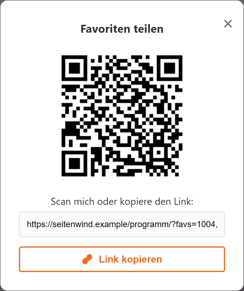 Das Fenster „Favoriten teilen“: QR-Code zum Scannen und der Link zum Kopieren.