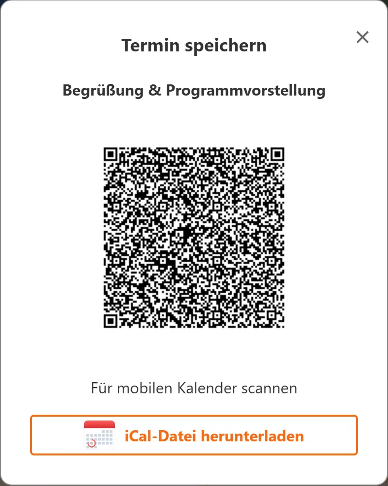 Das Fenster „Termin speichern“: QR-Code zum Scannen mit dem Handy und die Schaltfläche für die Kalenderdatei.