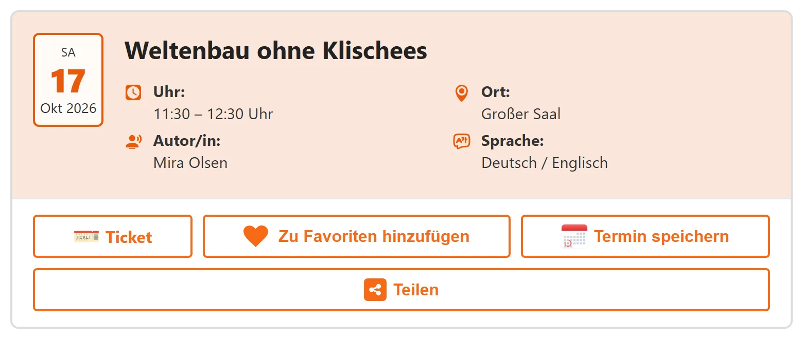 Die Kompaktkarte: Datumskachel, Titel, Uhrzeit, Ort, beteiligte Person und Sprache, darunter die Aktionen Ticket, Merken, Termin speichern und Teilen.