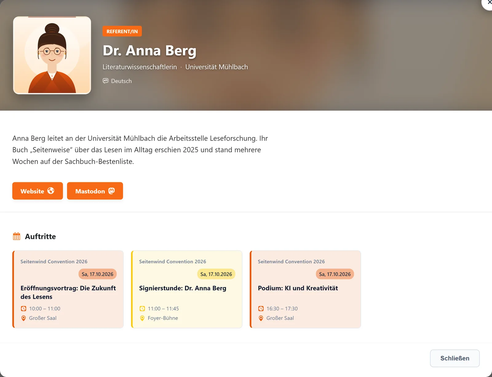 Die Sprecher-Detailansicht als Pop-up: Portrait vor unscharfem Hintergrund, Rolle, Name, Position und Unternehmung, Sprache, Beschreibung, Links und die Auftritte.