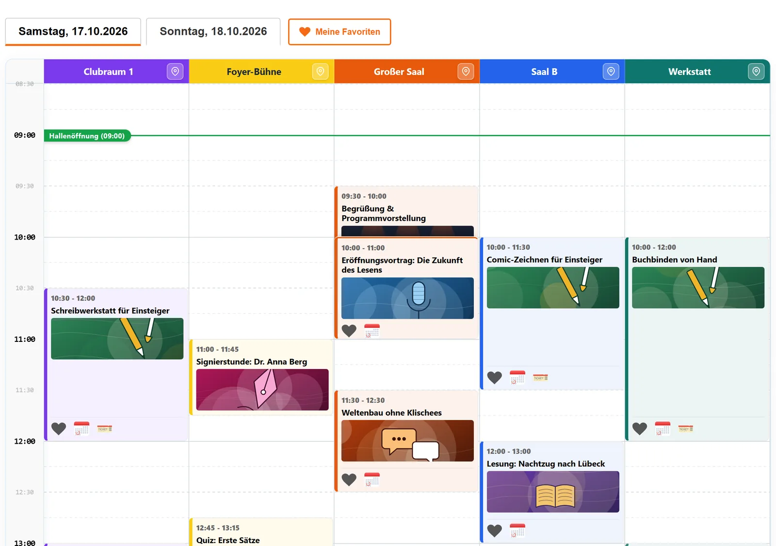 Der Zeitplan am Samstag: farbige Spaltenköpfe je Ort, die grüne Linie für den Einlass („Hallenöffnung“) und die Kacheln in der Höhe ihrer Dauer.