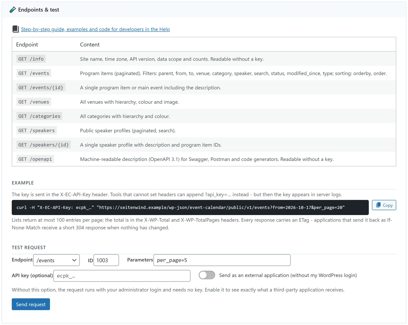 At the bottom of the tab: all endpoints with a short description, a curl example and the test request.