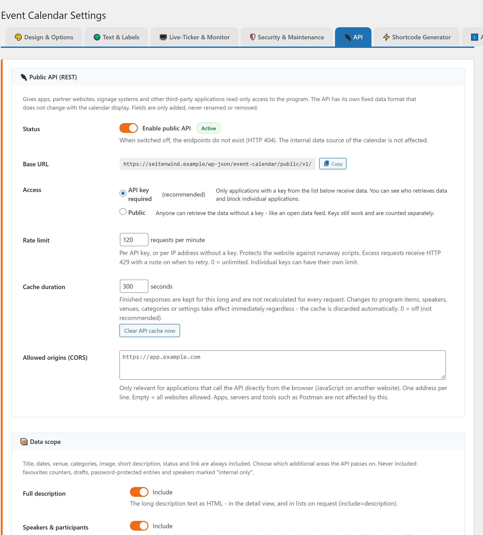 The “API” tab: status, base address, access, rate limit, cache and allowed origins – with the data scope below.