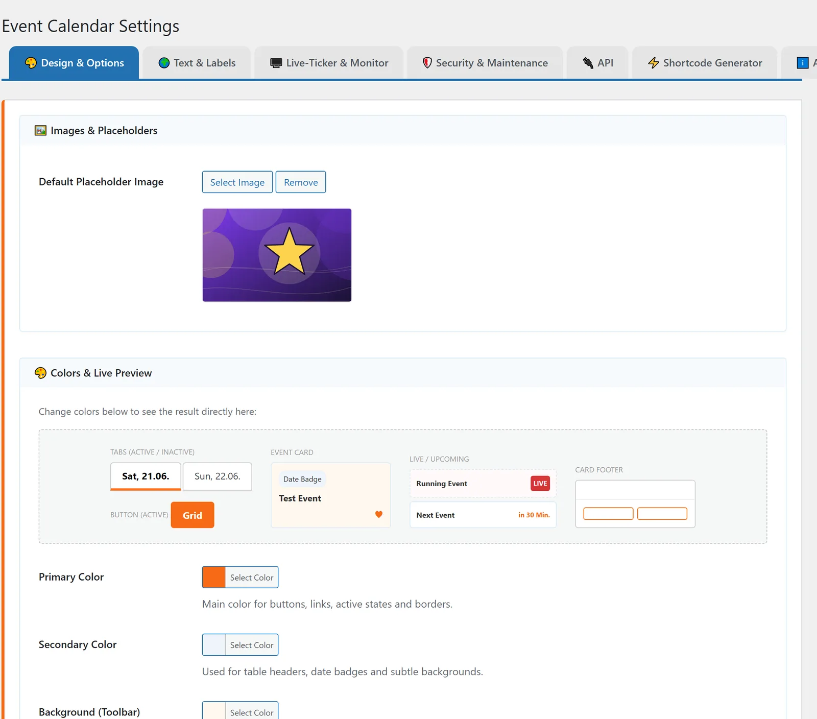 The “Design &amp; Options” tab: the placeholder image at the top, the color pickers with live preview below.