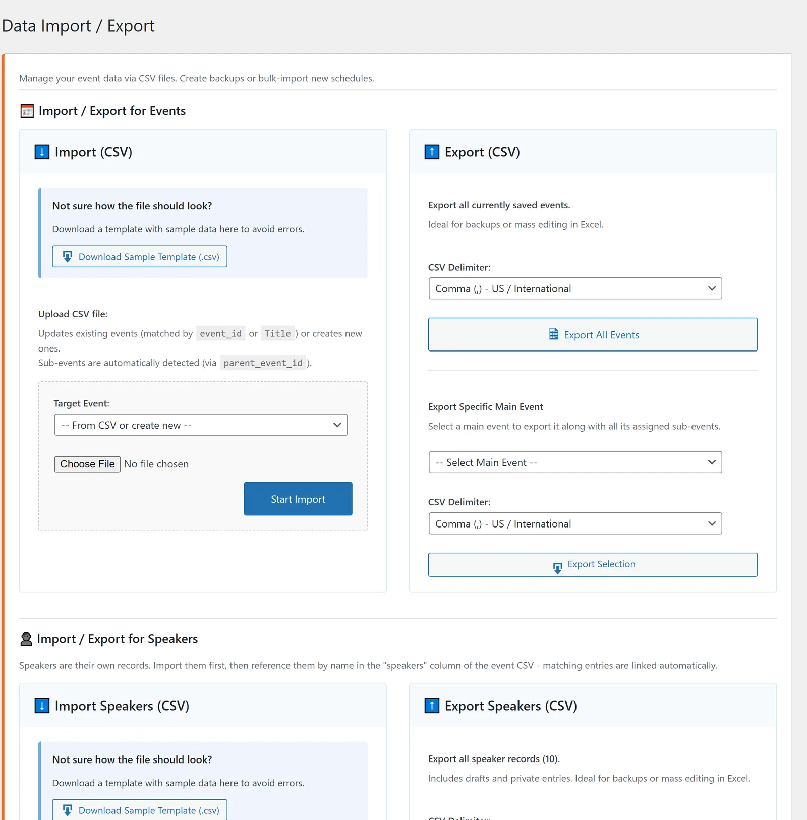 The “Import / Export” page: import with sample template and target event on the left, the two export variants on the right; below, the separate area for speakers.