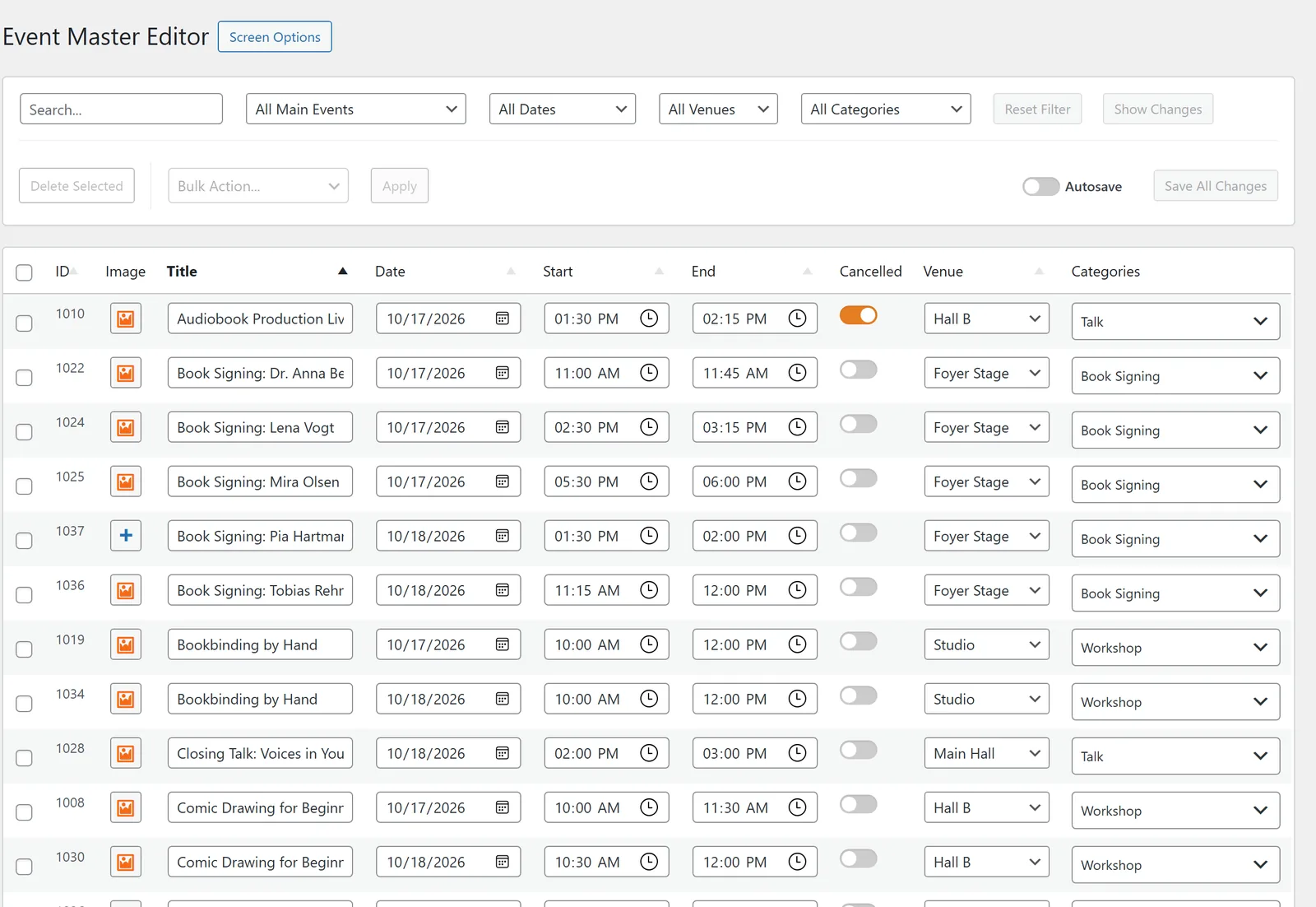 The Master Editor: search and filters at the top, bulk action, “Auto-save” and “Save all changes” below, then the table with directly editable fields.