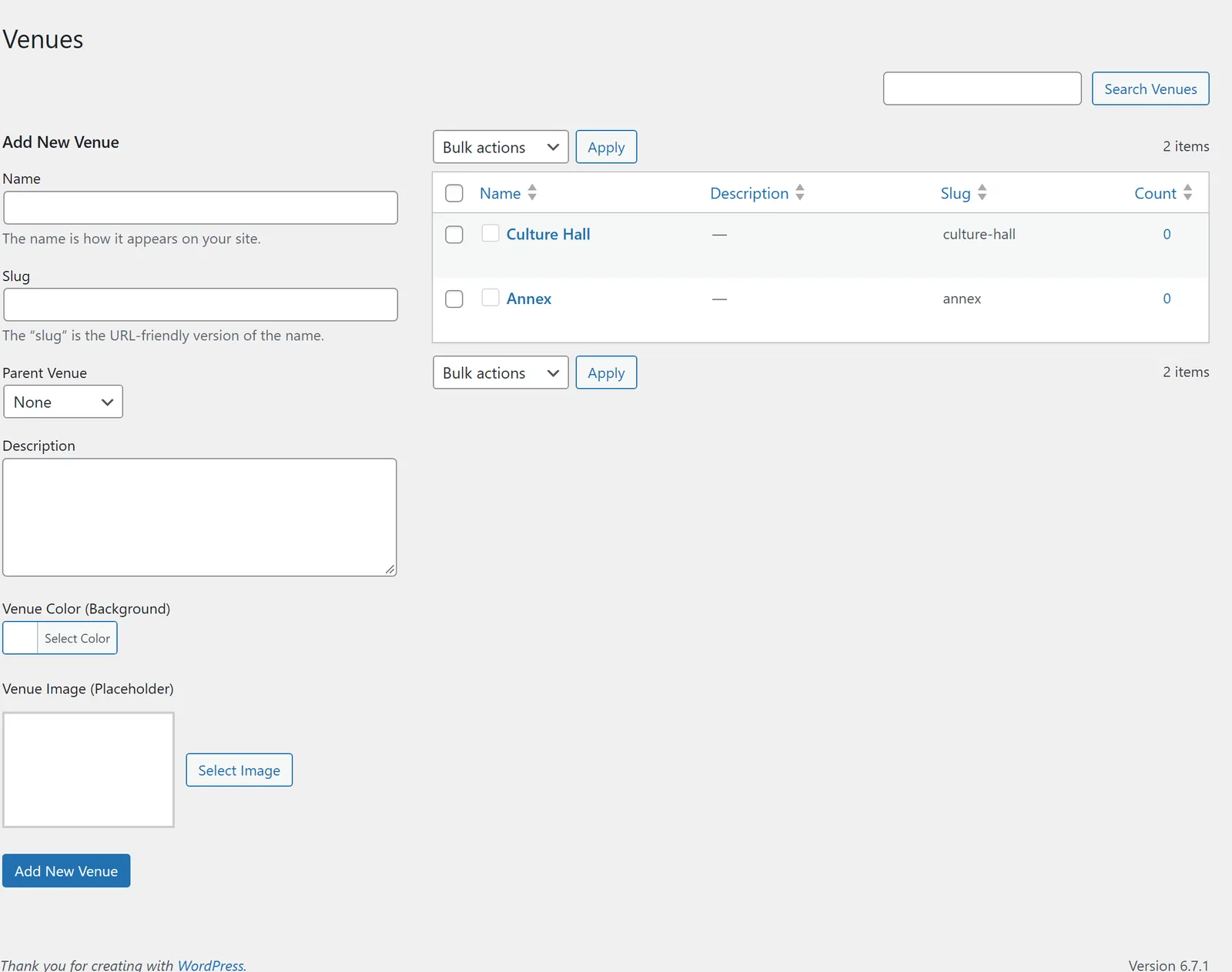 The Events → Venues page: the form for a new venue on the left, the list with child venues, color and number of sessions on the right.