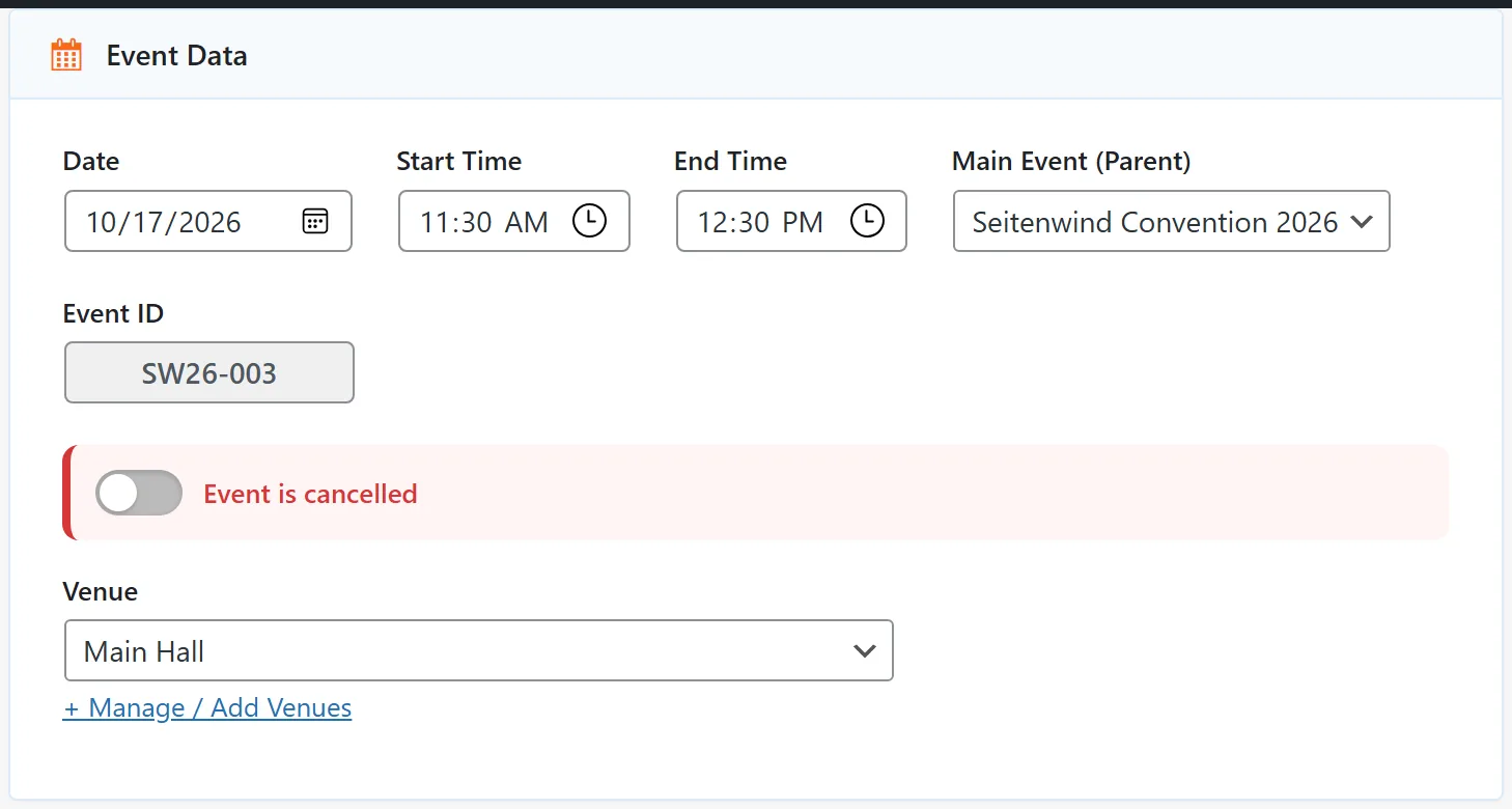 The “Event Data” card: date, start and end time, parent event, the read-only event ID, the cancellation switch and the venue.