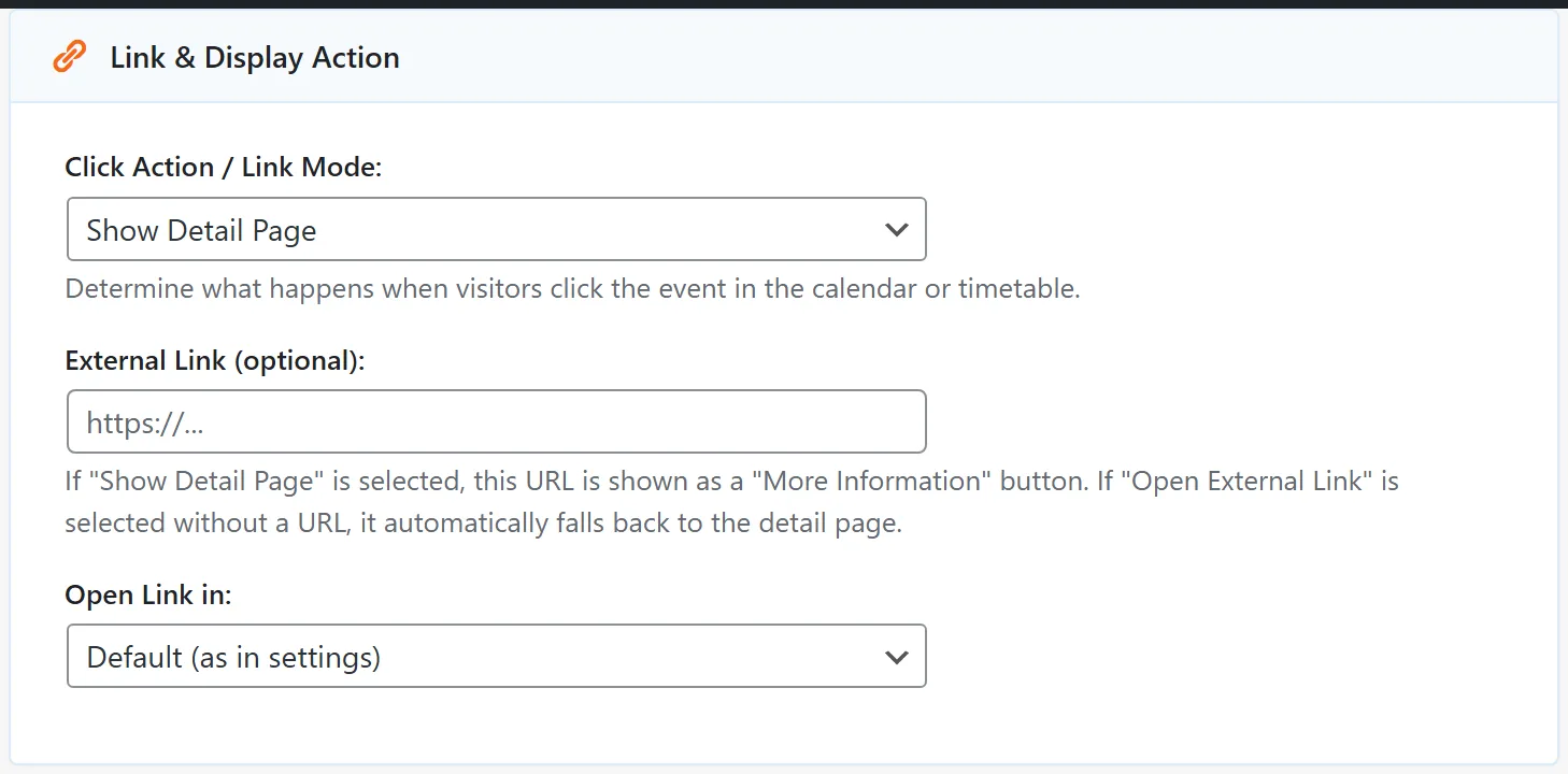 Click action, external link and target window.