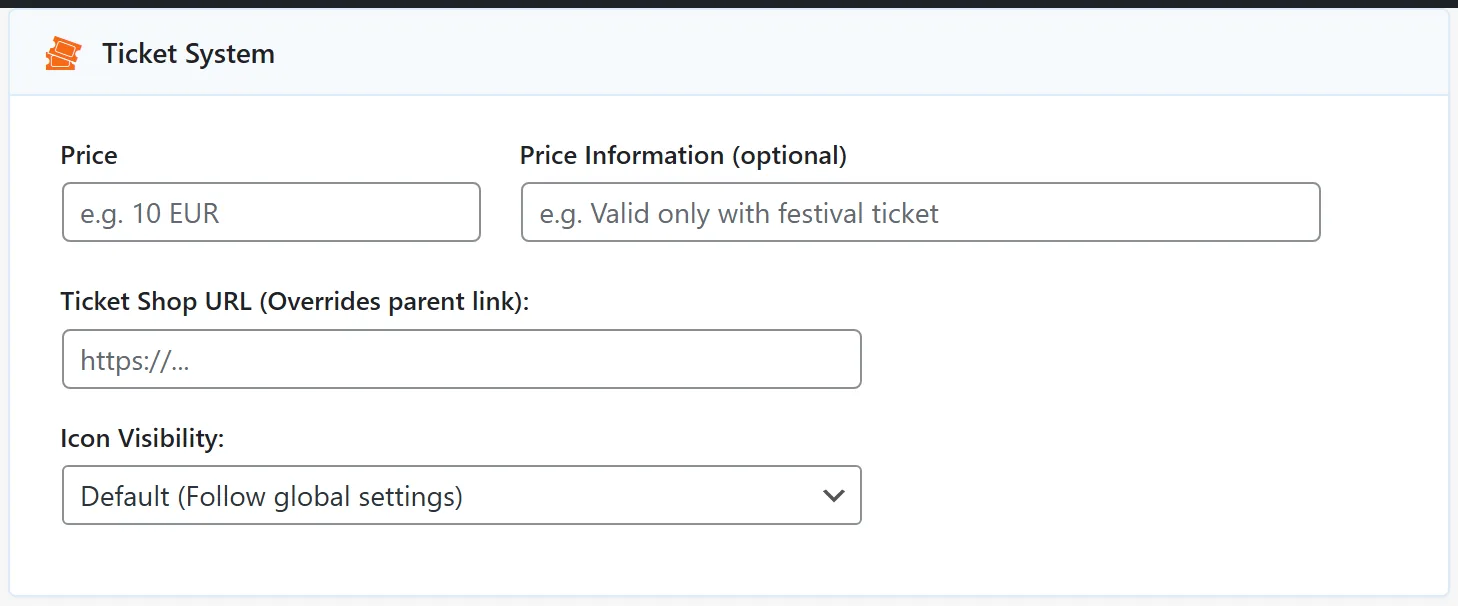 Price, price note, ticket URL and the visibility of the ticket icon.