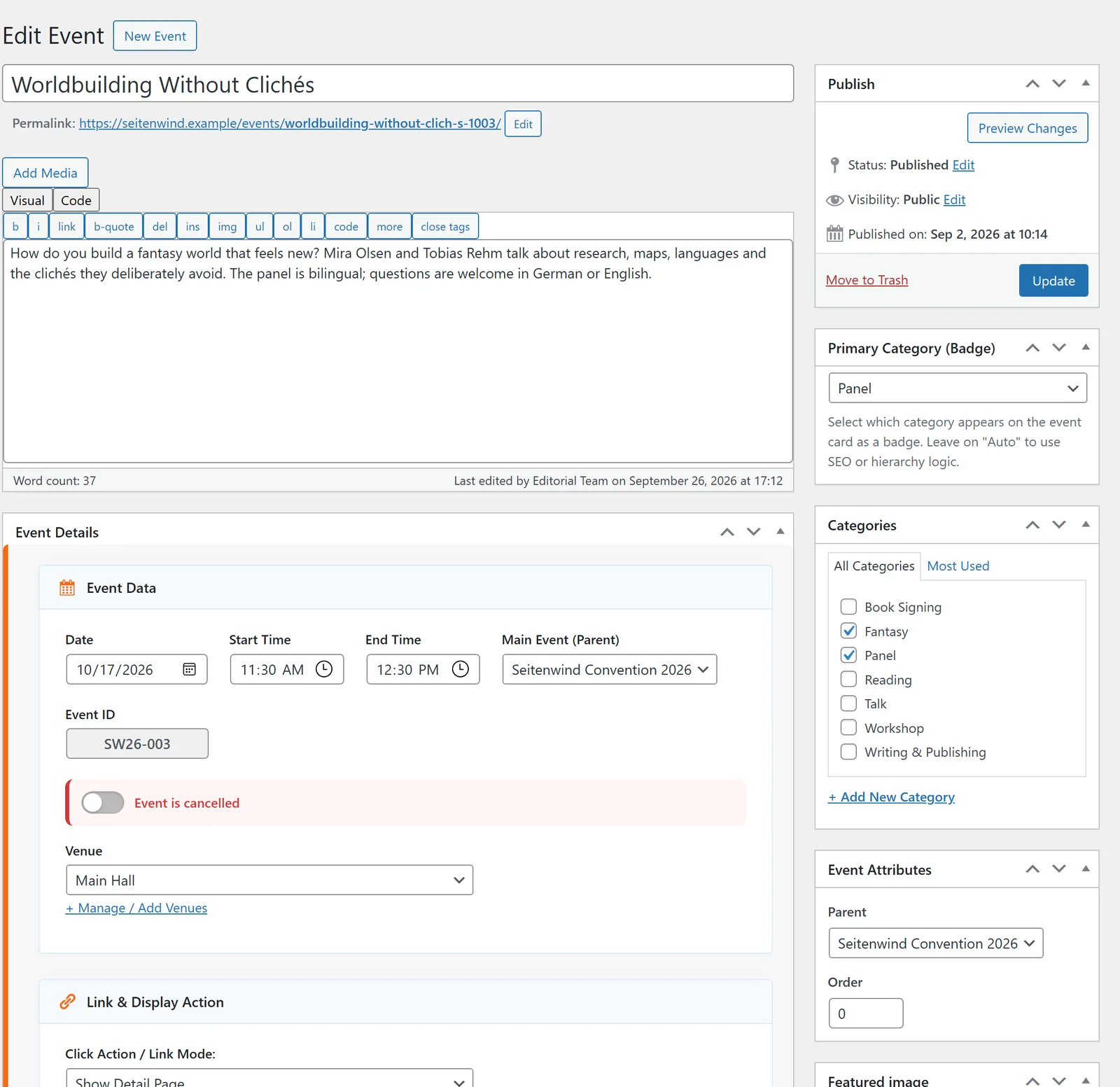 The edit screen: title, description and the “Event Details” box on the left; Publish, primary category, categories, attributes and featured image on the right.