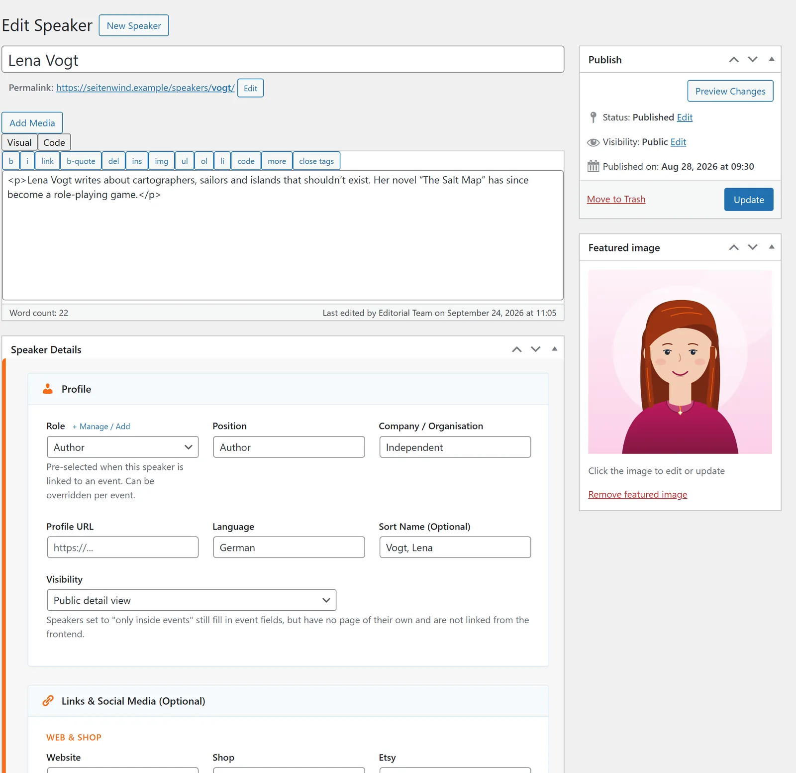 A speaker’s edit screen: name, description and the “Speaker Details” box with role, position, company, profile URL, language, sort name and visibility; the portrait on the right.
