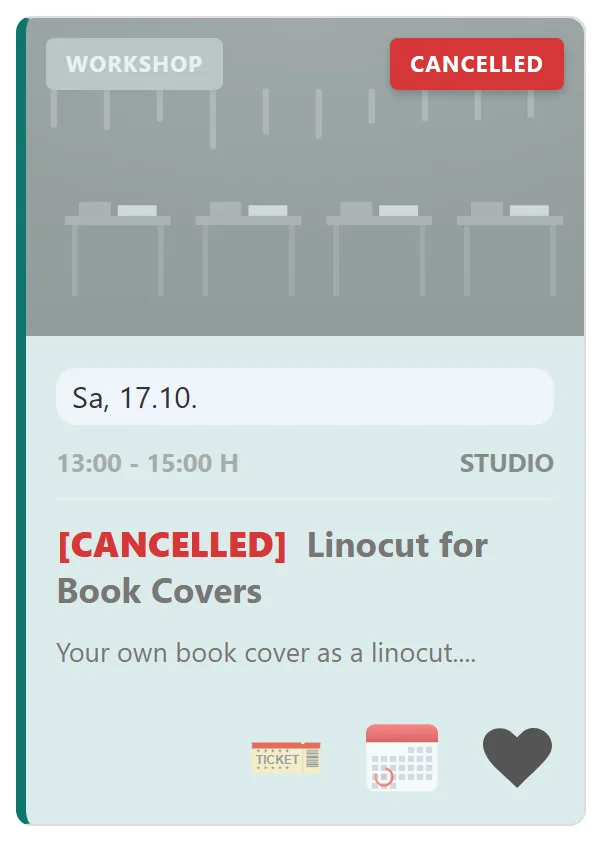 A cancelled workshop in the calendar: “Cancelled” badge, “[CANCELLED]” before the title, muted colors.