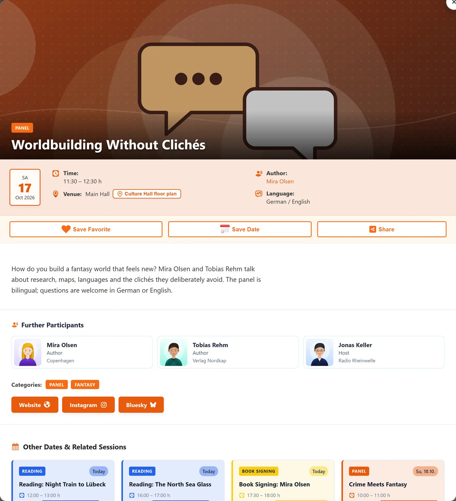 A session with three people: the first in the header, and all three below under “Further participants” with image, position and company.