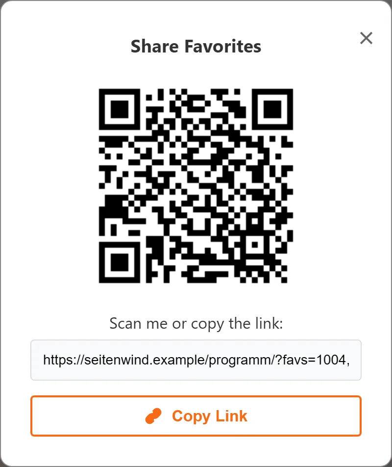 The “Share Favorites” window: QR code to scan and the link to copy.