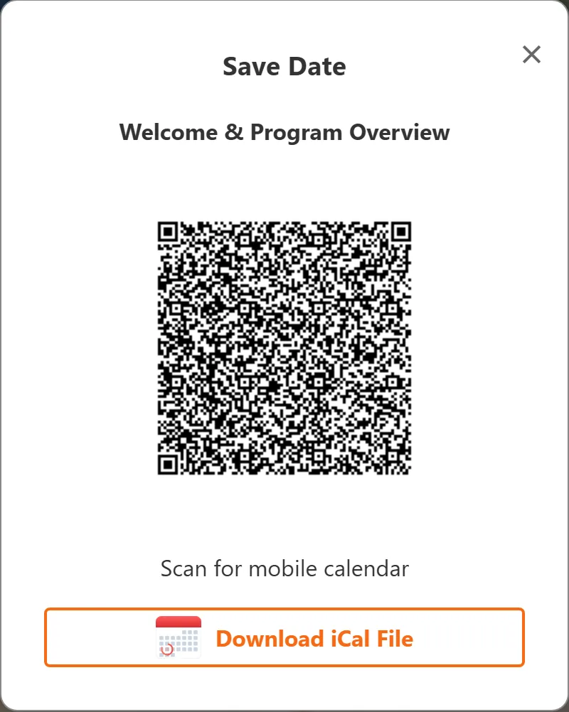 The “Save Date” window: a QR code to scan with a phone and the button for the calendar file.