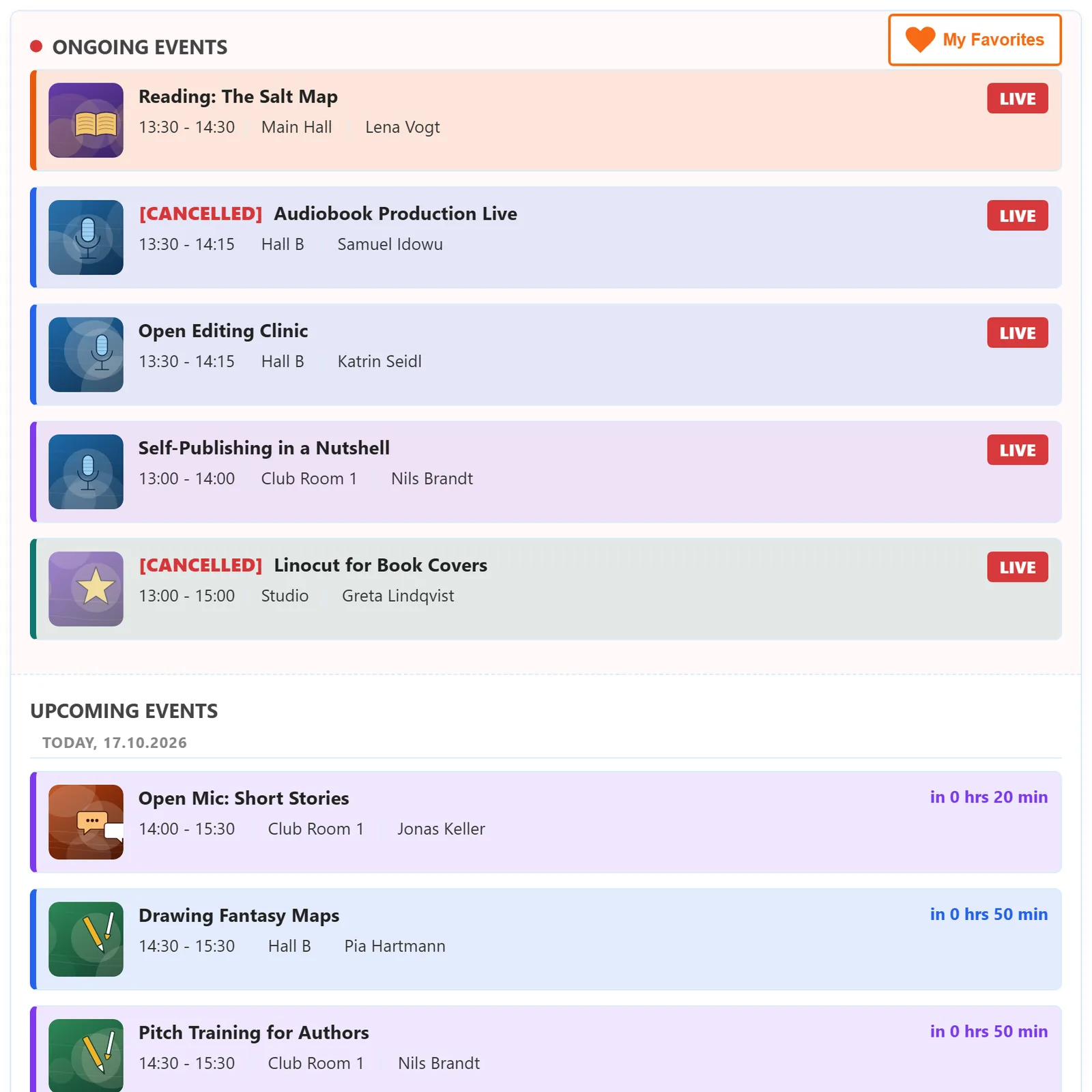 “Ongoing events” at the top with the LIVE badge, the upcoming ones below with a countdown. Cancelled sessions stay visible, marked in red.