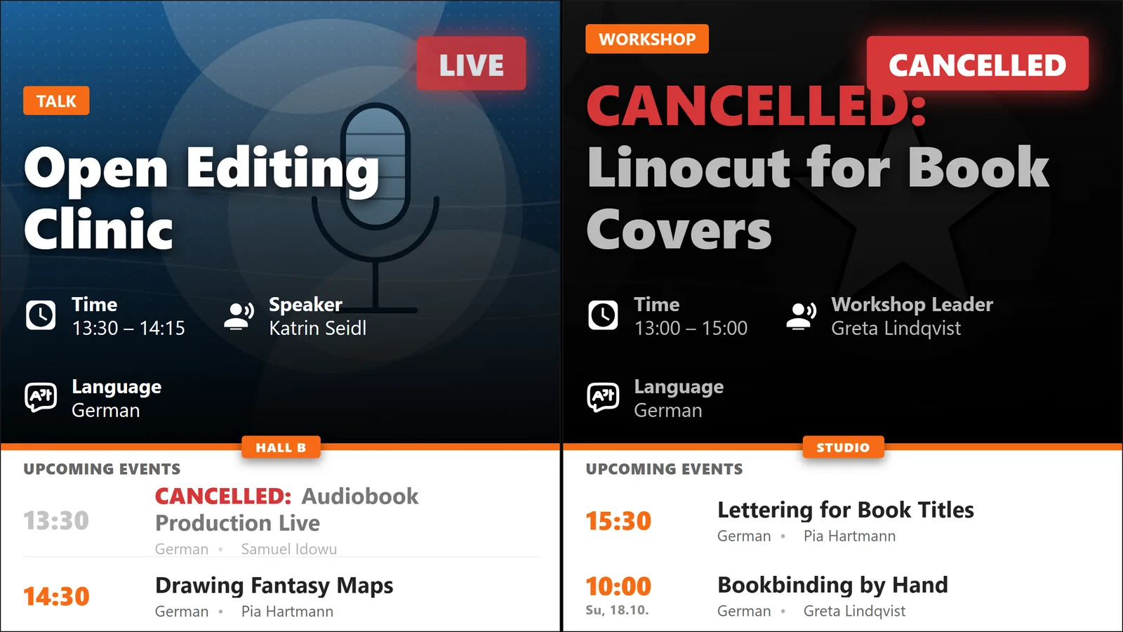 Two cases side by side: on the left a regular session runs in Hall B, the simultaneous cancellation sits greyed out at the top of the list. On the right only a cancelled workshop runs in the workshop room – it takes the hero with “Cancelled” instead of “LIVE”.