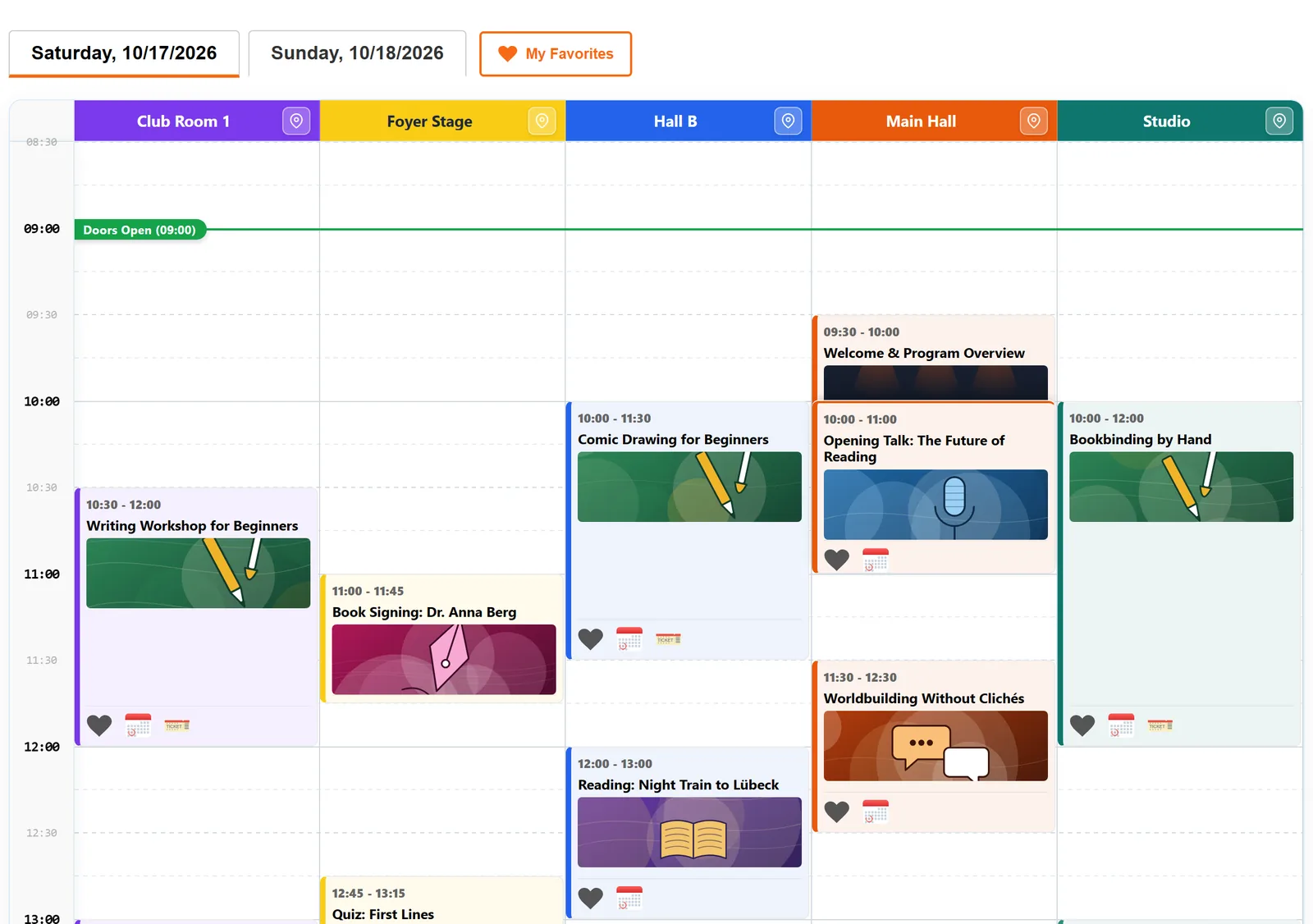 The timetable on Saturday: colored column headers per venue, the green line for doors opening and cards sized by their duration.